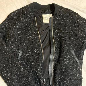 Abercrombie & Fitch Black & White Tweed Bomber Jacket w/ Vegan Leather Details